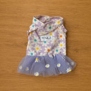 Vestidinho em tricoline margaridas com tule